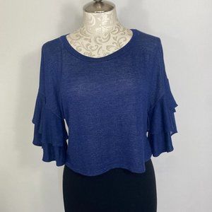 Ces Femme Blouse Top Women's Medium Blue Cotton Ruffle Sleeve Crew Neck Cropped